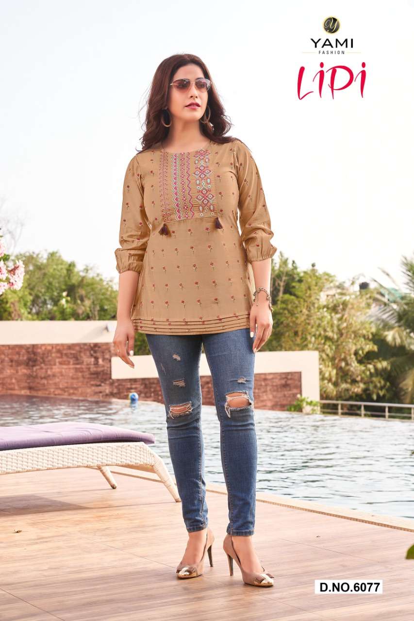 LIPI BY YAMI BRAND PRESENTS PURE ROMAN VISCOSE EXCLUSIVE HAND BLOCK PRINT TOP & TUNICS WITH MACHINE EMBROIDERY WORK-6077